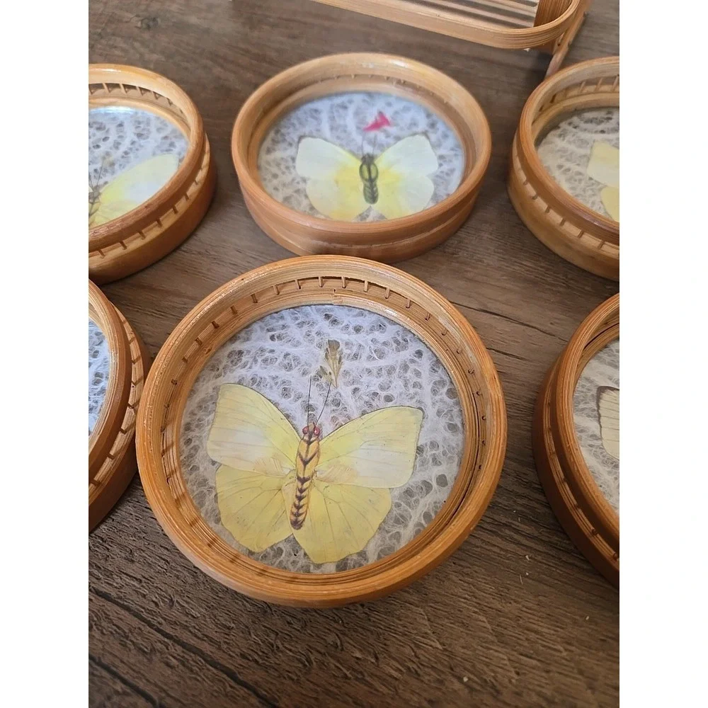 VTG Set Of 6 Bamboo Butterfly Floral Cased Coasters In Caddy Taiwan Matching